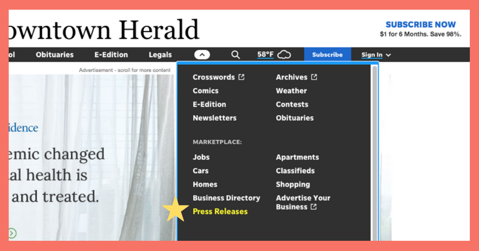 newspaper website menu screenshot